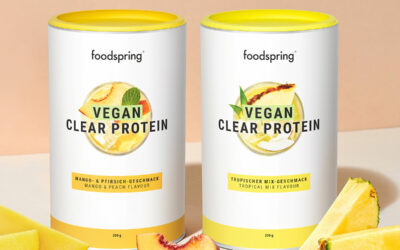 foodspring Vegan Clear Protein Mango und Pfirsischgeschmack und Tropischer Mix Geschmack EUR 3299 1 400x250 - News