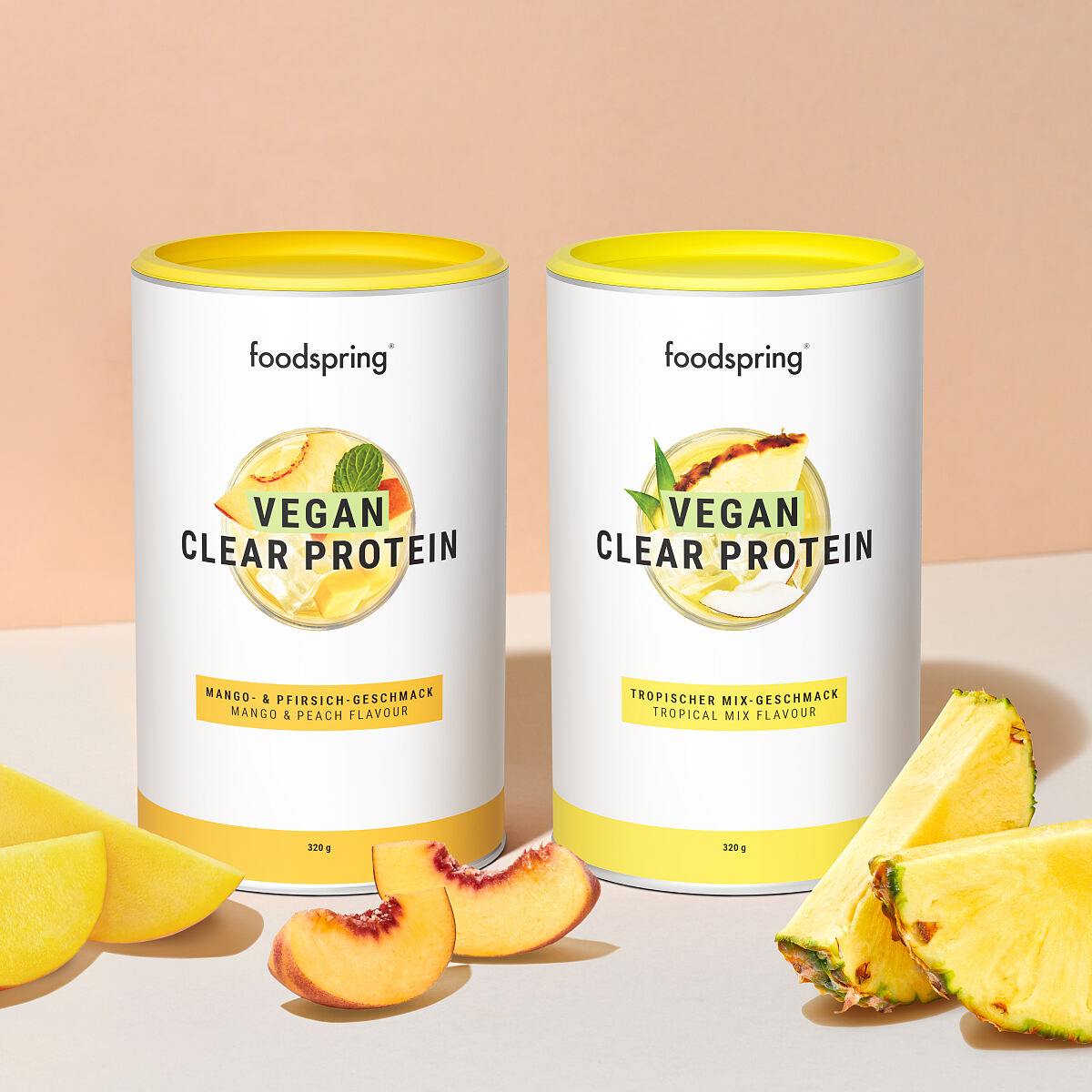 foodspring Vegan Clear Protein Mango und Pfirsischgeschmack und Tropischer Mix Geschmack EUR 3299 1 - A REFRESHING VEGAN TASTE OF SUMMER